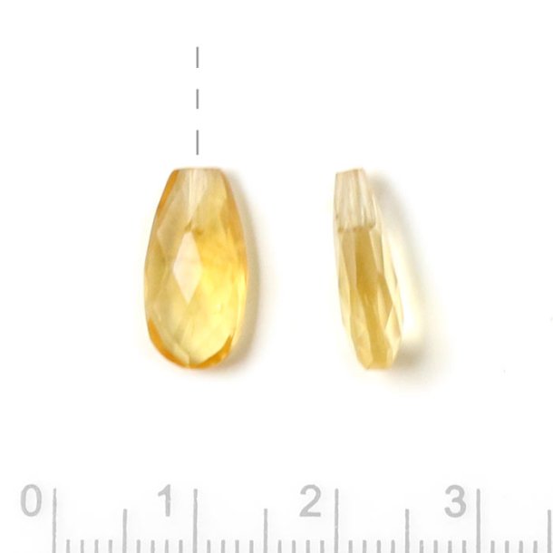 Citrine teardrop, flat, half-drilled, closely faceted, golden yellow, 14x7x5mm, 1pc.