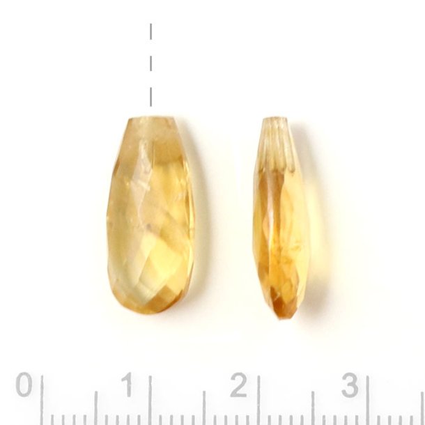 Citrine teardrop, long and flat, half-drilled, closely faceted, golden yellow, 18x8x6mm, 1pc.