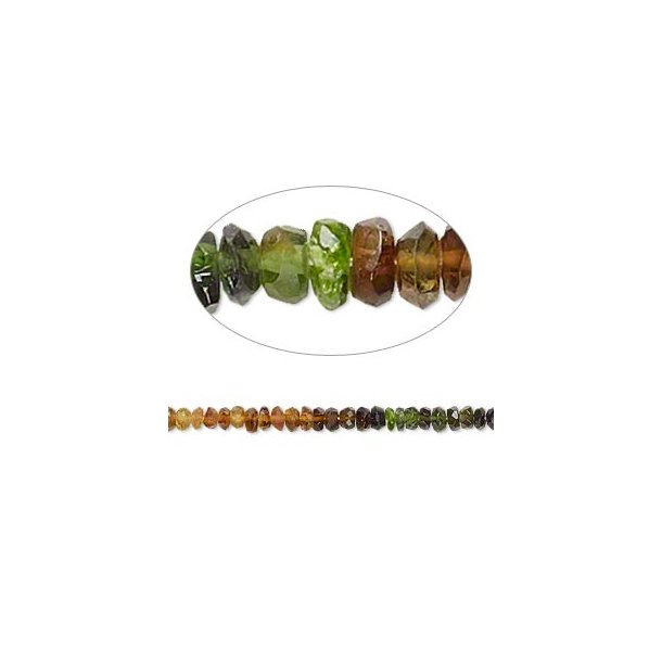Multifarvet perlestreng, rav og grn turmalin mix, ujvn facet rondel, ca-2-2.5x4 mm. ca. 175 stk.