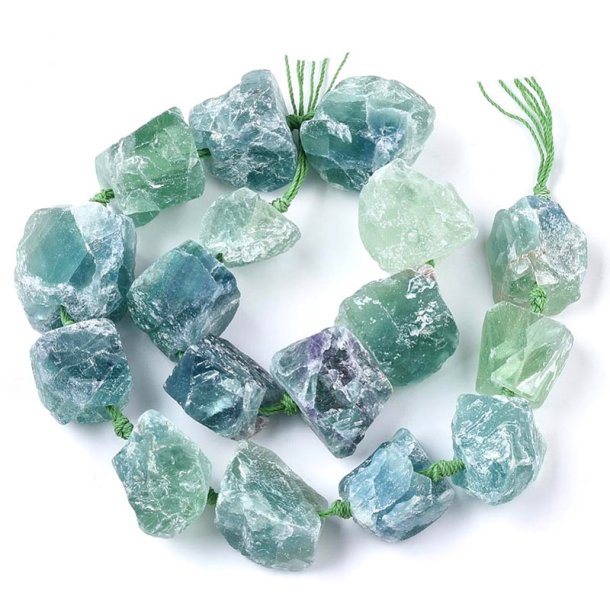 Fluorite, raw nugget stone bead, turquoise-green, full strand, beads, appx. 25x25 mm, appx. 16pcs