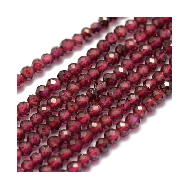 Mrkrd Granat, hel streng, rund facetteret perle, ca. 3 mm, ca. 120 stk.
