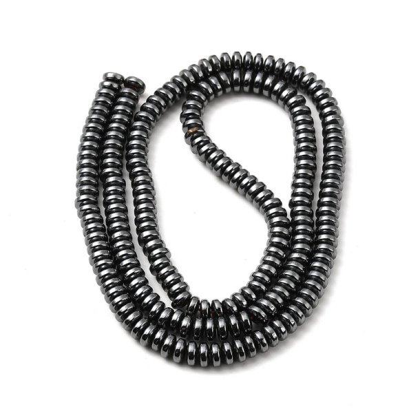 Hmatit, ganzer Perlenstrang, Heishi, dunkelgrau, runde Scheibe, 4x2,5 mm, ca. 180 Stck.