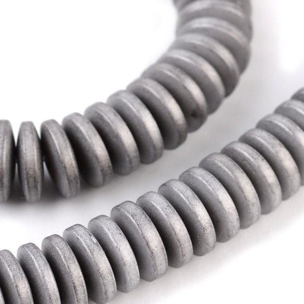Hematite beads, grey, frosted, round flat, 6x2 mm, 20 pcs.