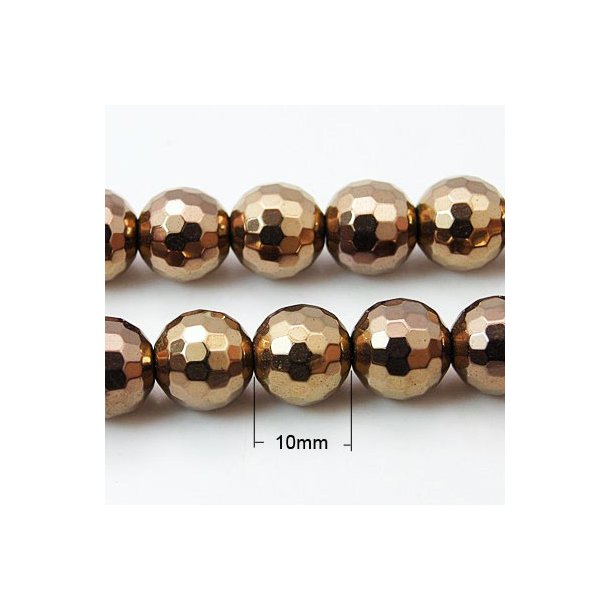 Hematite, copper-plated, entire strand of beads, round, facetted, 10mm, 40pcs.