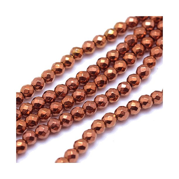 Hematite, copper plated, entire strand of beads, round, facetted, 3mm, 130pcs.