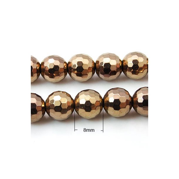 Hematite, copper-plated, entire strand of beads, round, facetted, 8mm, 50pcs.