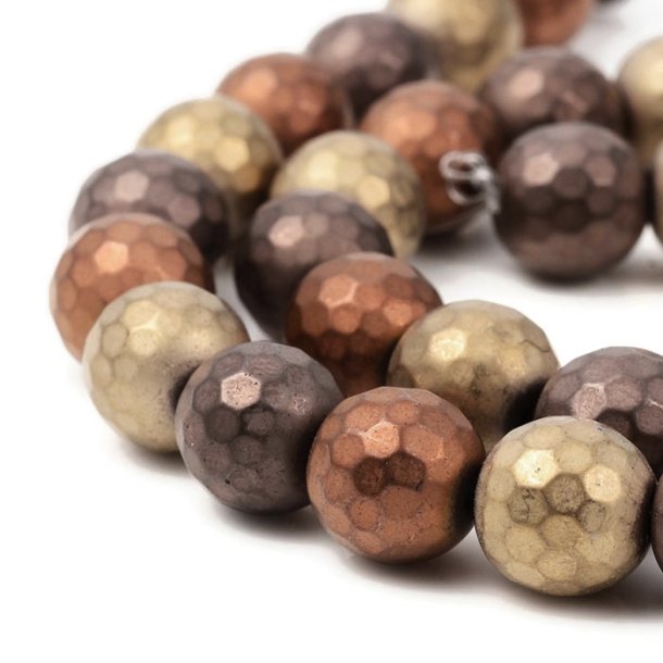 Hematite, full strand, mixed colours, antique look, round faceted, 10 mm, ca. 40 pcs