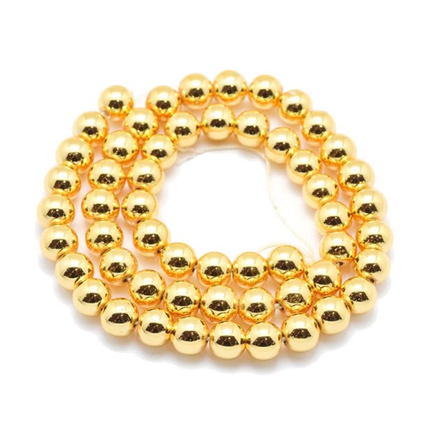 Hematit, hel perlestreng, rund, gylden, 12 mm, 33 stk.