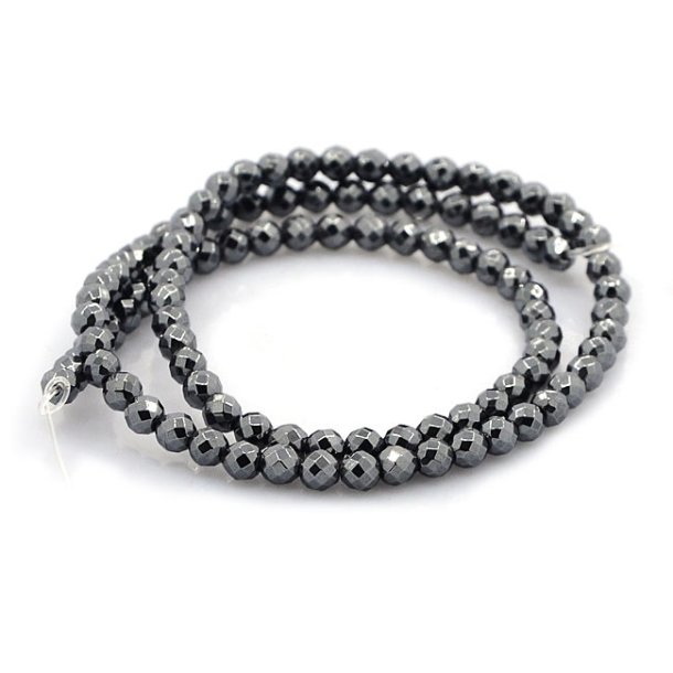 Hematit, hel perlestreng, rund facetteret 4 mm, 95 stk.