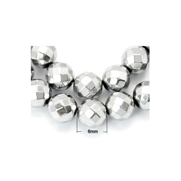 Hematite,half strand, light silver, round, faceted, 6mm, ca. 38pcs