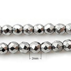 H&auml;matit, ganzer Strang, silber, rund, facettiert, 2 mm, 160 Stk.
