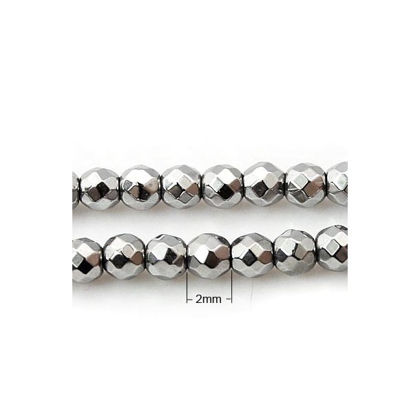 Hematite, whole strand, silver-coloured, round, faceted, 2mm, 160pcs.