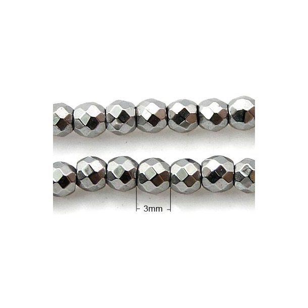 Hematite, whole strand, silver-coloured, round, faceted, 3mm, 140pcs.