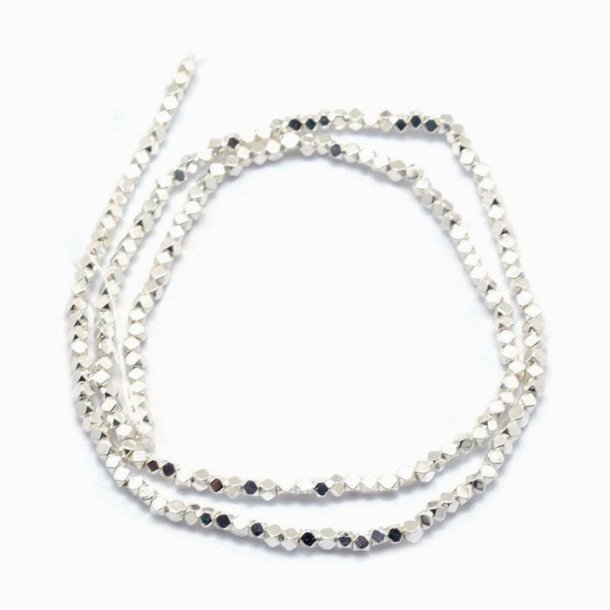 Hematite, silver plated, whole strand, small faceted cube, 2x2 mm, approx. 195 pieces.