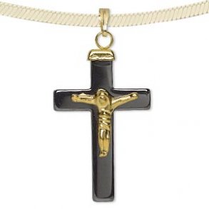 Anhänger, Kreuz aus schwarzem Hämatit mit vergoldetem Jesus und vergoldeter Öse, 34x22 mm