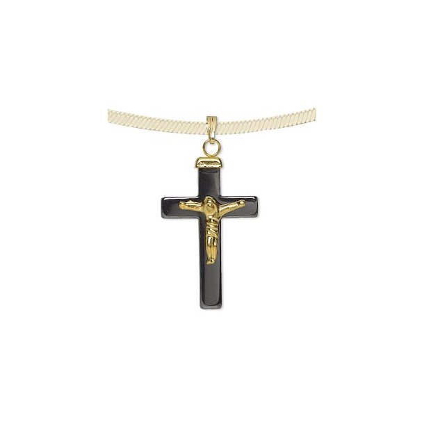 Pendant, black hematite cross w. bail and gilded Jesus, 34x22mm, 1pc.