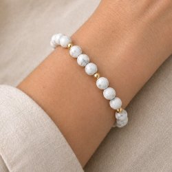 Rund perle, hel perlestreng, howlit, 8 mm, hvid-gr�marmoreret, ca. 48 stk.