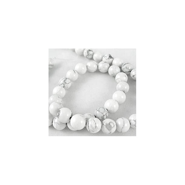 Rund perle, hel perlestreng, howlit, 6 mm, hvid-grmarmoreret, 65 stk.