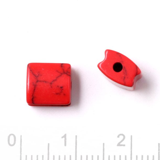 Howlit, dyed, square bead for macram&eacute; bracelets, red, with grooves, 8x8x5 mm, 1 pc