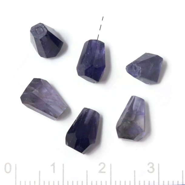 Iolith, half-drilled, teardrop-shaped, uneven faceted bead, bluish, appx. 9x6 mm, 2 pcs