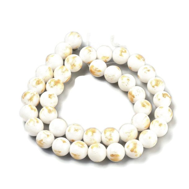 Jade bead, whole strand, dyed white, with brushed gold color, round, 6 mm, approx. 70 Pcs.