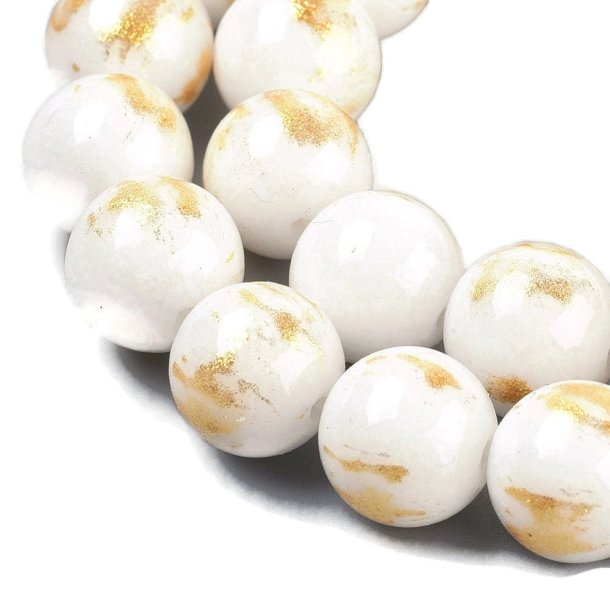 Jade bead, 10 pcs, dyed white, with brushed gold color, round, 4 mm.
