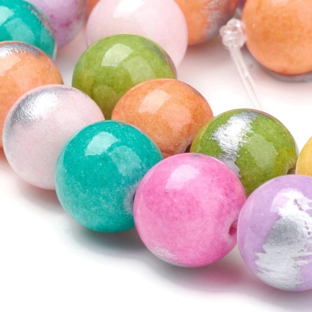 Jade bead, 10 pcs. dyed mix, with brushed silver color, round, 4 mm.