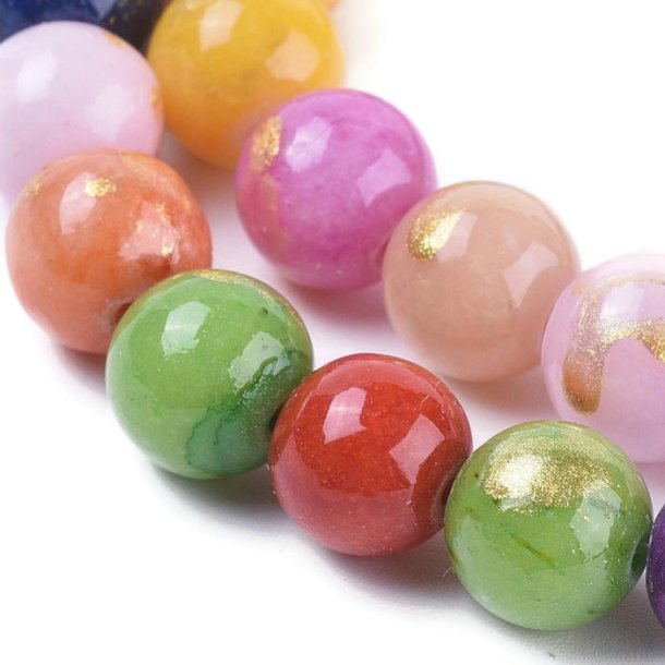 Jade bead, 10 pcs, dyed mix, with brushed gold color, round, 6 mm.