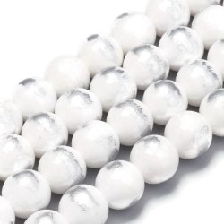 Jadeperle, ganzer Strang, wei&szlig; gef&auml;rbt, mit geb&uuml;rsteter Silberfarbe, rund, 4 mm, ca. 90 Stk.