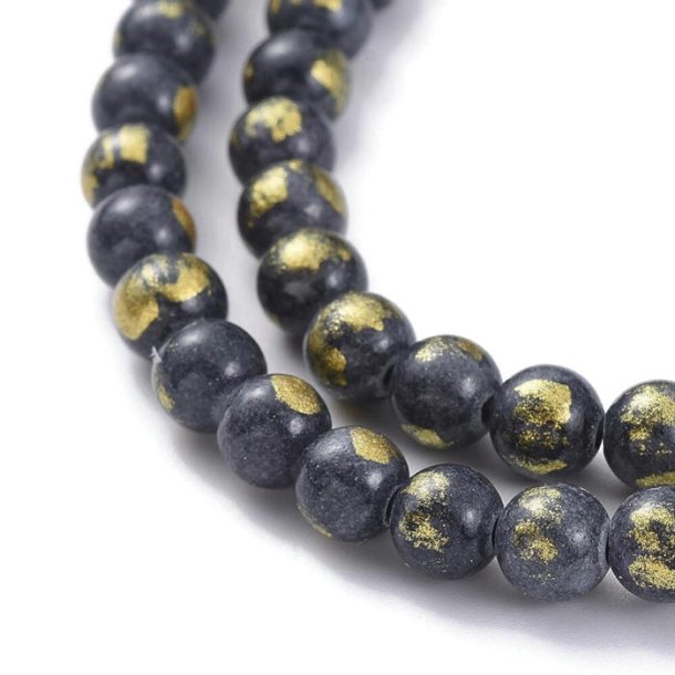 Jade bead, 10 pcs. dyed black, with brushed gold color, round, 6 mm.