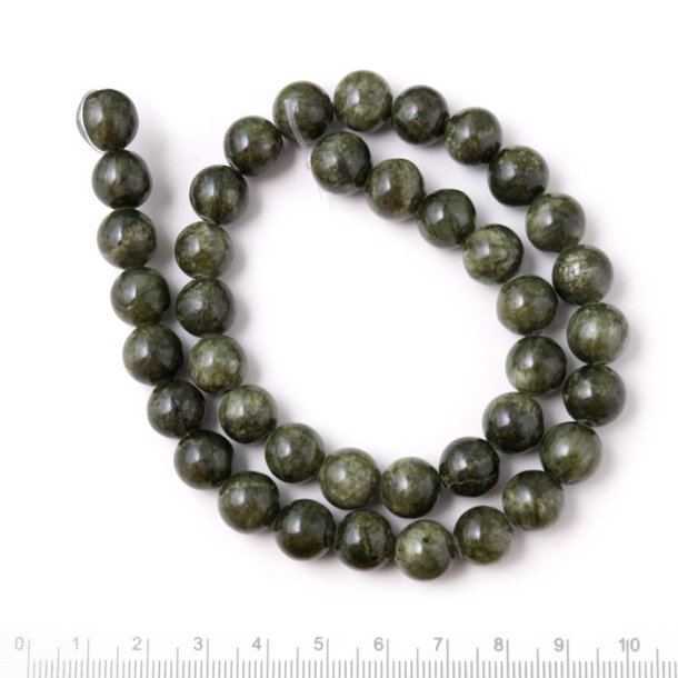 Candy jade, coloured, full strand, dark olive green, round bead, 12 mm, approx. 34 pieces.