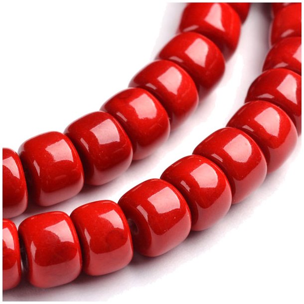Candy jade, column beads, red, ca. 8x6mm, 10pcs
