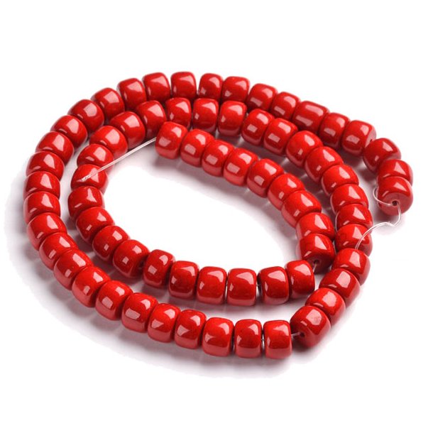 Candy jade, column beads, entire strand, red, ca. 8x6mm, ca. 70pcs