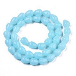 Jade-imitat (Glas), ganzer Strang, trkis-blau, Tropfen, 10x8 mm, ca. 40 Stk
