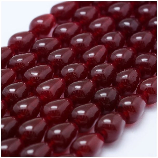 Entire strand of beads, jade teardrops, dark red, appx. 11,5x7.5mm, ca. 32pcs.