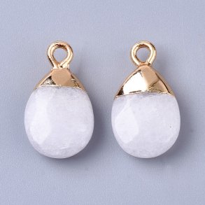 Anhänger, weiße Jade, flacher Tropfen, vergoldete Messingspitze, 18x10x5mm, 1 Stk