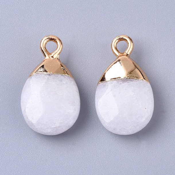 Pendant, white jade, flat drop, gold-plated brass top, 18x10x5mm, 1 pc.