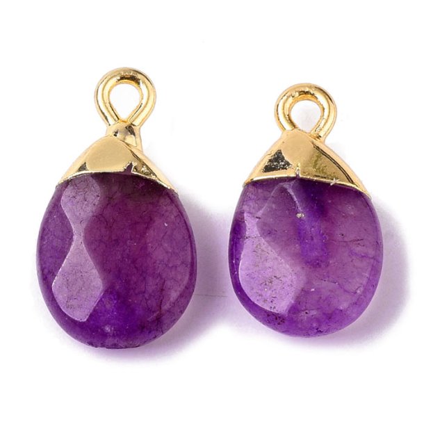 Pendant, purple dyed jade, flat drop, gold-plated brass top, 18x10x5mm, 1 pcs.