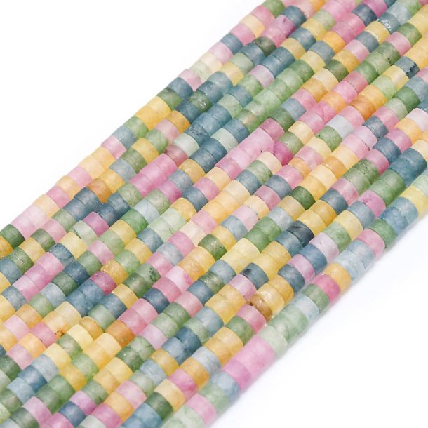 Jade frosted flat heishi style beads, colour mix, 4x2.5 mm, strand