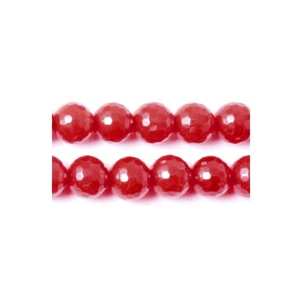 Jade bead, deep red, round, faceted, 10mm, 6pcs