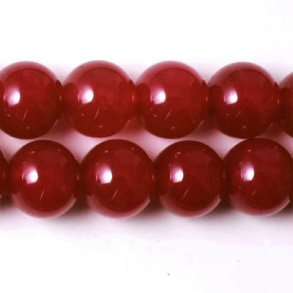 Jade perle, farvet, m�rkr�d, rund, diameter 14 mm, 6 stk.