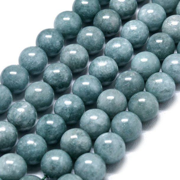 Jade, farvet, hel streng, gr�-bl�, rund perle, 10 mm, 6 stk.