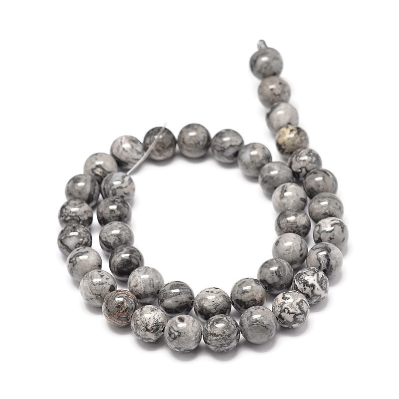 Silver leaf Jaspis, ganzer Strang, grau gesprenkelt, rund, 10 mm, ca. 38 stk