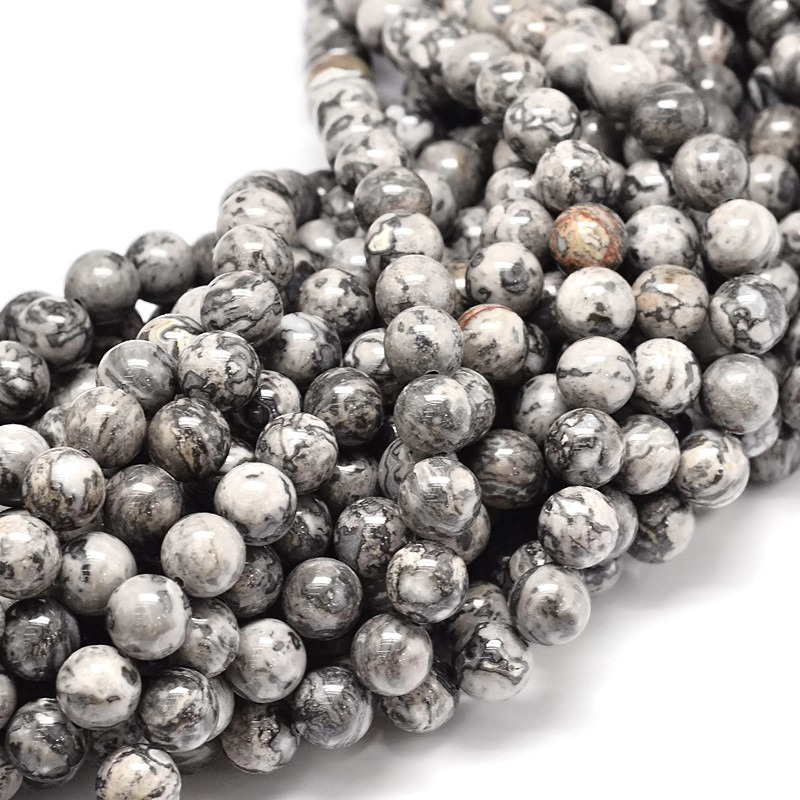 Silver leaf Jaspis, grau gesprenkelt, runde Perle, 8 mm, 6 stk