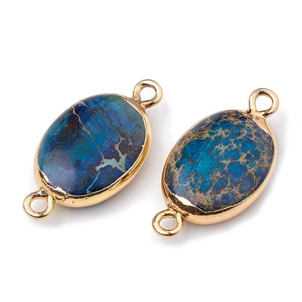 Connector link, Regalite Jasper, gold-plated brass, oval, blue, 25x12 mm, 1 pc