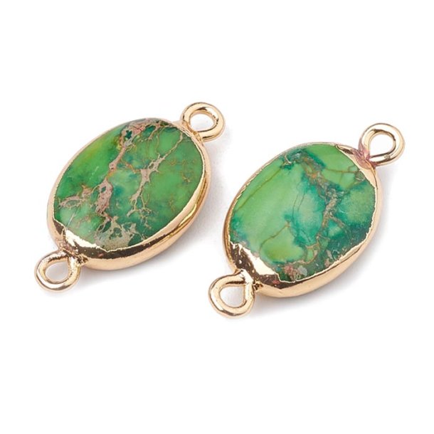Connector link, Regalite Jasper, gold-plated brass, oval, green, 25x12 mm, 1 pcs