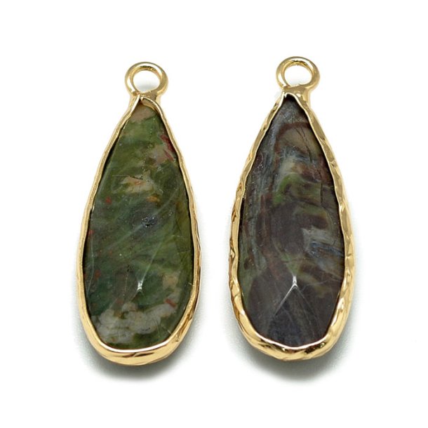 Goldplated pendant, Ocean Jasper, greenish, long drop shape, 31x12mm, 1pcs.