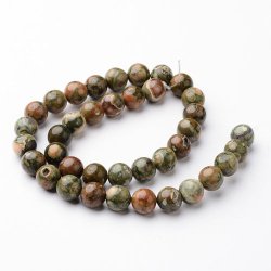 Rhyolite Jaspis, ganzer Perlenstrang, gr&uuml;n und braun, rund, 10 mm, 38 stk.