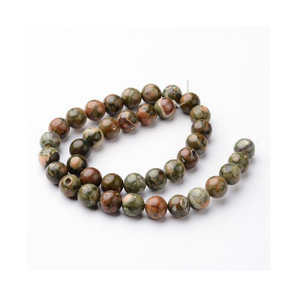 Rhyolit Jaspis, hel perlestreng, rund, grn og brunlig, 10 mm, 38 stk.