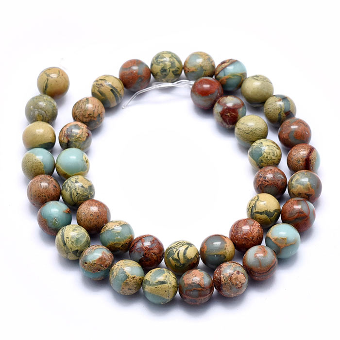 Aqua Terra Jaspis, ganzer Strang, grüne, gelbe und braune Farben, rund, 10 mm, 39 Stk